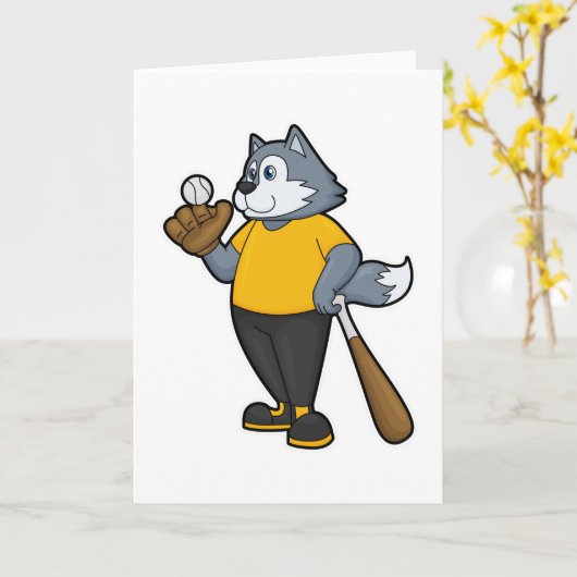 Carte Loup au baseball avec une batte de baseball (Fleur jaune)