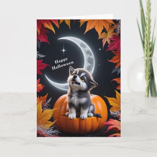 Carte Loup blanc mignon avec lune croissante Nuit Automn (Devant)