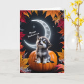 Carte Loup blanc mignon avec lune croissante Nuit Automn (Fleur jaune)