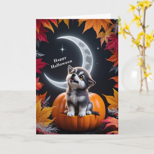 Carte Loup blanc mignon avec lune croissante Nuit Automn (Fleur jaune)