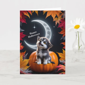 Carte Loup blanc mignon avec lune croissante Nuit Automn