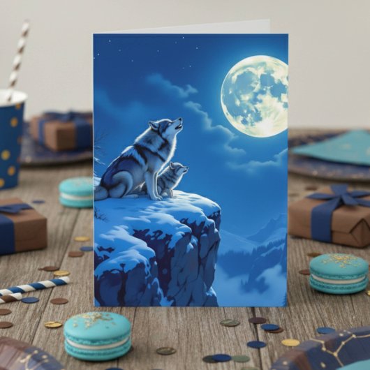 Carte Loup et bébé ourlet à l'anniversaire de la Lune