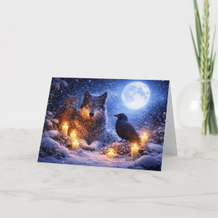 Carte Loup Hibou Corbeau Solstice d'Hiver Yule avec Lune