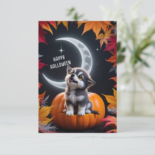 Carte Loup mignon avec Crescent Moon nuit automne (Debout devant)