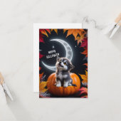 Carte Loup mignon avec lune croissante Nuit Automne (Devant/Arrière en situation)