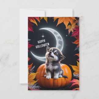 Carte Loup mignon avec lune croissante Nuit Automne