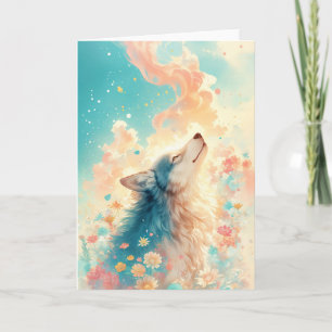 Carte Loup rêveur entouré de fleurs