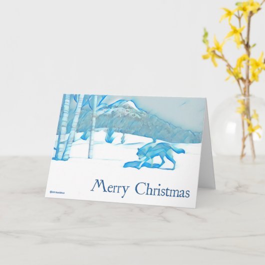 Carte Loup solitaire en hiver - Noël (Fleur jaune)