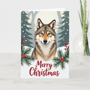 Carte Loup souriant Joyeux Noël Card Bois d'hiver