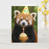 Carte L'ours rouge Panda tient un gâteau d'anniversaire (Fleur jaune)