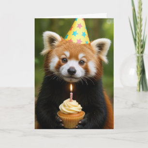 Carte L'ours rouge Panda tient un gâteau d'anniversaire