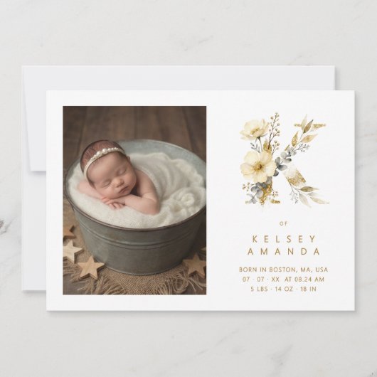 Carte Lovely Gold K Initial with Romantic Floral Design (Devant)