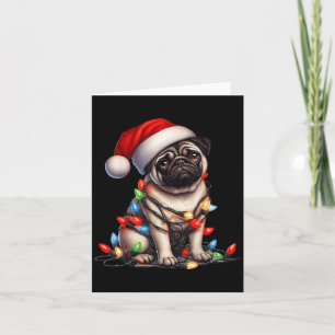 Carte Lumières de Noël Chien Carlin Chapeau de Père Noël