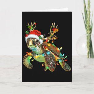 Carte Lumières de Noël Tortue Marine Chapeau de Père Noë