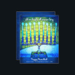 Carte lumineuse Hanoukka Minorah bleu Budget<br><div class="desc">"Brille brillant toute la saison." Un script de calligraphie blanche et une photo d'artsy et de gros plan illustrant une menorah bleue, brillante, colorée, vous aident à inaugurer les vacances d'Hanoukka. Sentez la chaleur et la joie de la saison des Fêtes chaque fois que vous envoyez cette magnifique carte de...</div>