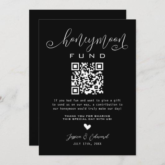Carte Lune de miel Qr Code Black Chic Modern Minimal (Devant / Derrière)