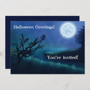 Carte Lune d'Halloween à la nuit dans les tons bleu et v