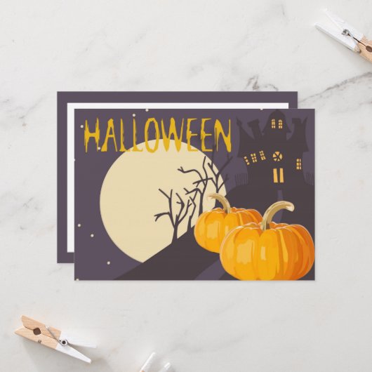 Carte Lune d'Halloween Éffrayante vintage et Citrouille  (Devant/Arrière en situation)