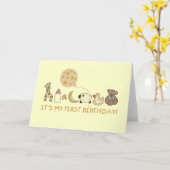 Carte Lune, étoiles et animaux Premier anniversaire (Fleur jaune)