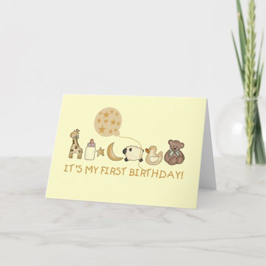 Carte Lune, étoiles et animaux Premier anniversaire (Devant)