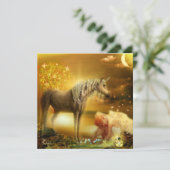 Carte Lune Imaginaire triste Fée fille et licorne (Debout devant)