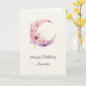 Carte Lune rose Croissant avec de jolies fleurs Annivers (Fleur jaune)