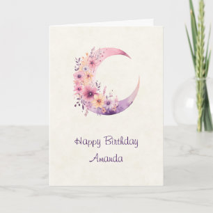 Carte Lune rose Croissant avec de jolies fleurs Annivers