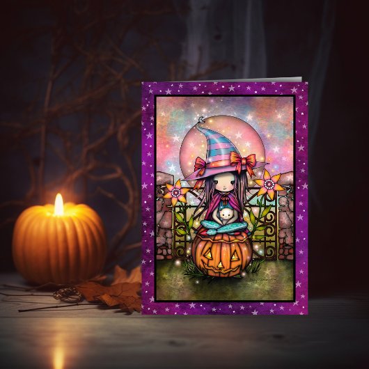 Carte Lune Rouge Sorcière Mignonne et Chat Halloween Art