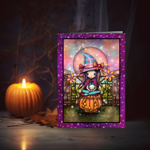 Carte Lune Rouge Sourcilleuse Sorcière et Chat Halloween