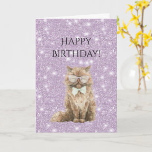 Carte Lunettes de chat cool marron pailleté violet Anniv