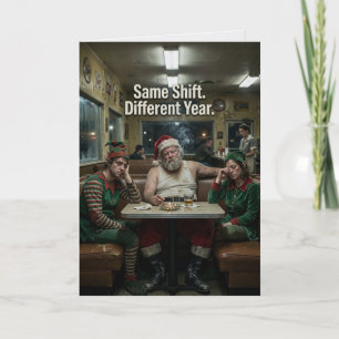 Carte Lutins du Père Noël débraillés Diner Humour noir
