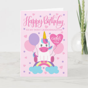 Carte Ma petite-fille Unicorn sur arc-en-ciel 8e anniver