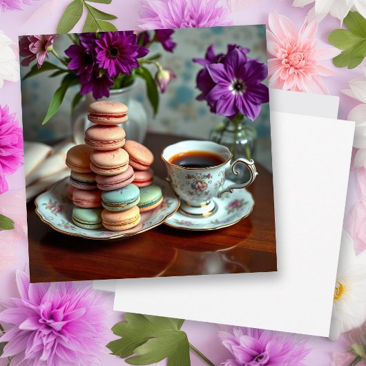 Carte Macaron, Coffee and Vase of Purple Flowers