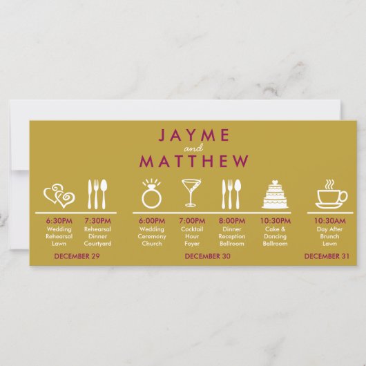 Carte Magenta Gold Mariage Timeline Welcome Bag Note (Devant)