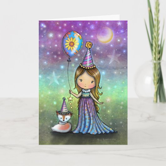 Carte Magical Birthday Little Girl Balloon and Fox (Devant)