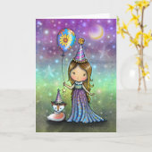 Carte Magical Birthday Little Girl Balloon and Fox (Fleur jaune)