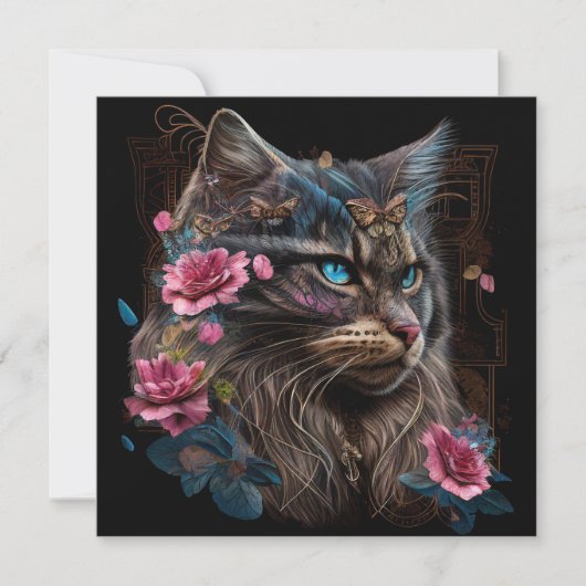Carte Magique Maine Coon chat et fleurs roses IA art (Devant)