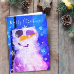 Carte Magique Snowman Snowflake Joyeux Noël<br><div class="desc">Magical Snowman and Snowflakes Joyeuse carte de Noël - Carte de Noël festive avec un bonhomme de neige et des flocons blancs sur un arrière - plan bleu abstrait. Le souhait Joyeux Noël est en écriture blanche.</div>