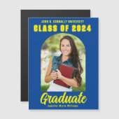 Carte Magnet de graduation photo jaune bleu (Devant / Derrière)