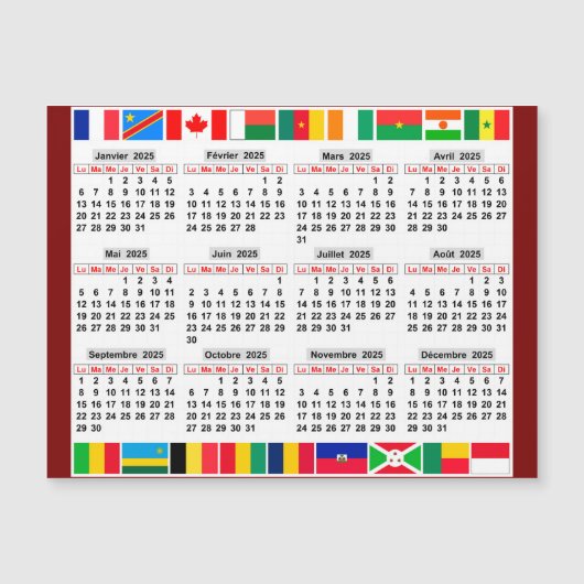 Carte Magnétique 12 mois calendrier de l'année 2025 (Devant)
