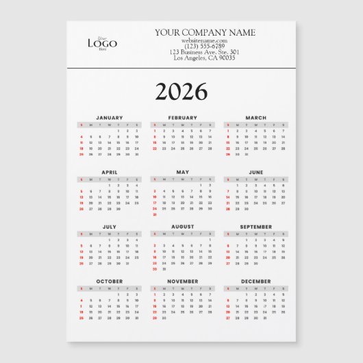 Carte Magnétique 2026 Calendar Business Logo Text | Any background (Devant)