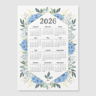 Carte Magnétique 2026 Calendrier Aquarelle Bleue Botanique Verdure