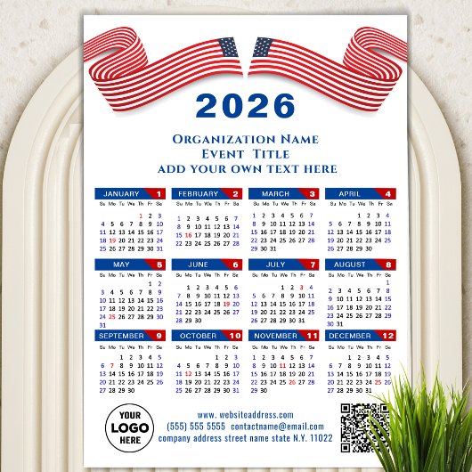 Carte Magnétique 2026 Calendrier Business Logo QR code Bleu magnéti