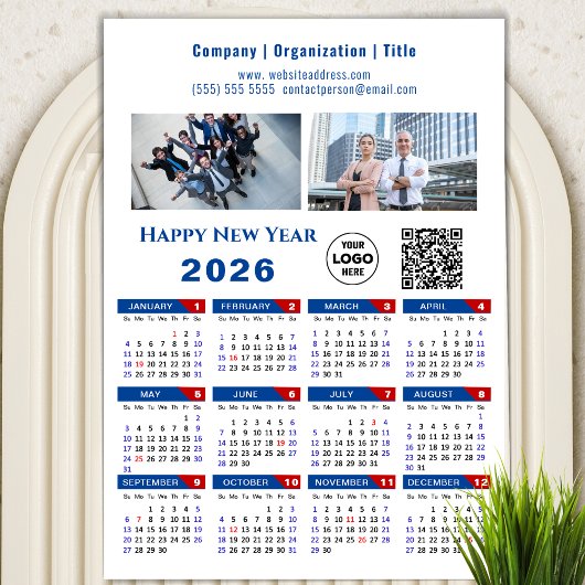 Carte Magnétique 2026 Calendrier Business Logo QR code Bleu magnéti