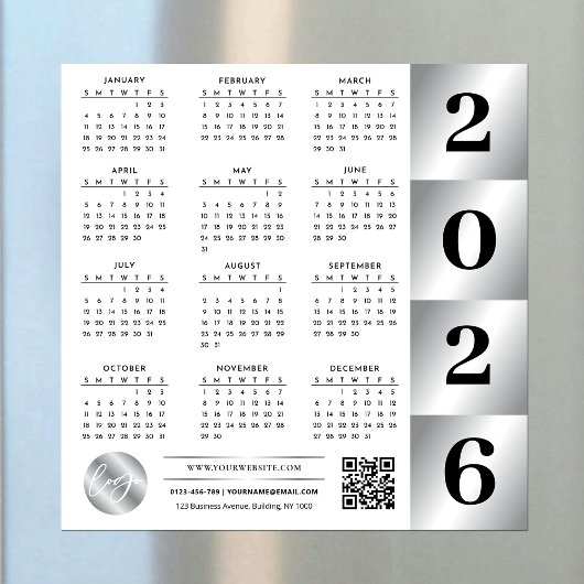 Carte Magnétique 2026 Calendrier Business Logo QR Code Chrome Argen