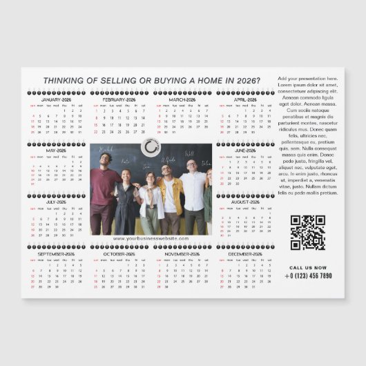 Carte Magnétique 2026 Calendrier Business Logo QR Code Team Photo (Devant)