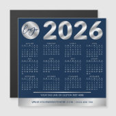 Carte Magnétique 2026 Calendrier Entreprise Logo Marine & Argent (Devant / Derrière)