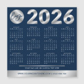 Carte Magnétique 2026 Calendrier Entreprise Logo Marine & Argent (Devant)