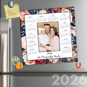 Carte Magnétique 2026 Élégant Bleu Floral Photo Calendrier magnétiq