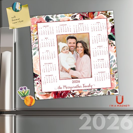 Carte Magnétique 2026 Élégant Blush Floral Photo Calendrier magnéti